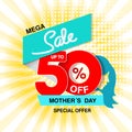 Vector Happy Mother`s Day. Big sale banner. Mega sale, up to 50 off. Red blue special offer. Template design with silhouette of