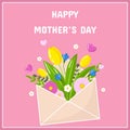 Vector happy mother's day flower greeting card template. Spring holiday poster, envelope with tulips flowers on pink Royalty Free Stock Photo