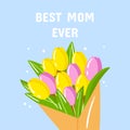 Vector happy mother's day greeting card template. Spring holiday poster, bouquet with tulips flowers on blue Royalty Free Stock Photo