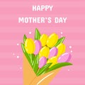 Vector happy mother's day greeting card template. Spring holiday poster, bouquet with tulips flowers on pink Royalty Free Stock Photo