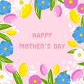 Vector happy mother's day greeting card template. Spring holiday poster border frame with tulips flowers on pink Royalty Free Stock Photo