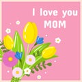 Vector happy mother's day greeting card template. Spring holiday poster i love you mom, bouquet with tulips flowers Royalty Free Stock Photo