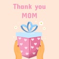 Vector happy mother's day greeting card template. Spring holiday poster thank you mom, gift box with hands, flowers Royalty Free Stock Photo