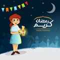 Vector Happy Muslim Girl Holding Ramadan Lantern