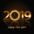 Vector 2019 Happy New Year background with gold clock