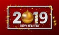 2019 Happy New Year background with golden christmas ball bauble and stripes elements. Vector illustration Royalty Free Stock Photo