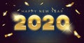 Vector Happy new year 2020 background with golden 3d text and explosion of conffeti. For seasonal holiday web banners, flyers and