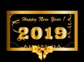 Vector 2019 Happy New Year background with golden gift bow inside of gold border