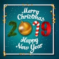 Happy New Year background. 2019 number made from golden christmas ball bauble, stripes elements, candy. Vector illustration Royalty Free Stock Photo