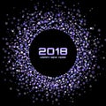 Vector Happy New Year 2018 Card Background. Violet Bright Disco Lights Halftone Circle Frame. Royalty Free Stock Photo