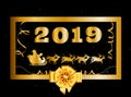 Vector 2019 Happy New Year and Christmas background with golden gift bow and Santa Claus
