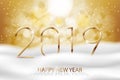 Vector Happy New Year 2019 - New Year Colorful Winter background with gold text. Greetings New Year banner with snow and Royalty Free Stock Photo