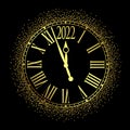 Vector 2022 Happy New Year gold glitter classic clock on black background