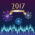 Vector of 2017 happy new year with gold ribbon with firework in Royalty Free Stock Photo