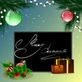 Vector happy new year and merry christmas banner. Red-yellow background with a garland of luminous white lights Royalty Free Stock Photo