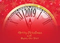 Vector 2019 Happy New Year with retro clock on snowflakes red ba