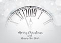 Vector 2019 Happy New Year with retro clock on snowflakes white