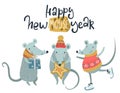 Vector Happy Ney Year greeting card with cute mice with gifts. Royalty Free Stock Photo