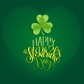 Vector Happy Saint Patrick`s Day hand lettering greetings card or poster design. Sketched illustration of irish shamrock