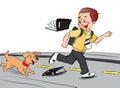 Vector of happy schoolboy running with pet dog, books falling