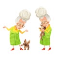 Vector Happy senior woman with dog. Active retired grandma feels carefree with pet angry and happy