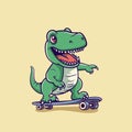 Vector Happy and Smiling Dinosaur. Cartoon Green Dinosaur Tyrannosaurus Rex, Tyrex with Outline on Skateboard, Design