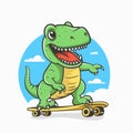 Vector Happy and Smiling Dinosaur. Cartoon Green Dinosaur Tyrannosaurus Rex, Tyrex with Outline on Skateboard, Design