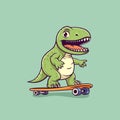 Vector Happy and Smiling Dinosaur. Cartoon Green Dinosaur Tyrannosaurus Rex, Tyrex with Outline on Skateboard, Design