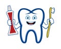 Vector happy smiling tooth holding toothbrush and toothpaste tube Royalty Free Stock Photo