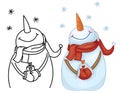 Vector happy snowman cartoon holding gift.