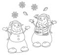 Vector happy snowmen cartoons. Royalty Free Stock Photo