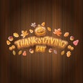 Vector Happy Thanksgiving day label witn greeting text and falling autumn leaves on wooden background. Cartoon Royalty Free Stock Photo