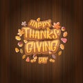 Vector Happy Thanksgiving day label witn greeting text and falling autumn leaves on wooden background. Cartoon Royalty Free Stock Photo