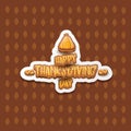 Vector Happy Thanksgiving day label witn greeting text and orange pumpkin on autumn leaves background. Cartoon Royalty Free Stock Photo