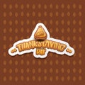 Vector Happy Thanksgiving day label witn greeting text and orange pumpkin on autumn leaves background. Cartoon Royalty Free Stock Photo