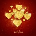 Vector Happy Valentine`s Day greeting card with sparkling glitter gold textured heart on red background Royalty Free Stock Photo