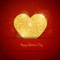 Vector Happy Valentine`s Day greeting card with sparkling glitter gold textured heart on red background Royalty Free Stock Photo