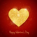 Vector Happy Valentine`s Day greeting card with sparkling glitter gold textured heart on red background Royalty Free Stock Photo