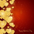 Vector Happy Valentine`s Day greeting card with sparkling glitter gold textured hearts on red background Royalty Free Stock Photo