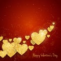 Vector Happy Valentine`s Day greeting card with sparkling glitter gold textured hearts on red background Royalty Free Stock Photo