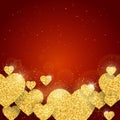 Vector Happy Valentine`s Day greeting card with sparkling glitter gold textured hearts on red background Royalty Free Stock Photo