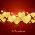 Vector Happy Valentine`s Day greeting card with sparkling glitter gold textured hearts on red background Royalty Free Stock Photo