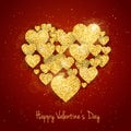 Vector Happy Valentine`s Day greeting card with sparkling glitter gold textured hearts on red background Royalty Free Stock Photo