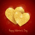 Vector Happy Valentine`s Day greeting card with sparkling glitter gold textured 2 hearts on red background Royalty Free Stock Photo