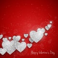 Vector Happy Valentine`s Day greeting card with sparkling glitter silver textured hearts on red background
