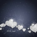 Vector Happy Valentine`s Day greeting card with sparkling glitter silver textured hearts. Seasonal holidays background