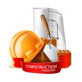 Vector hard hat blue print mortar trowel and brick Royalty Free Stock Photo