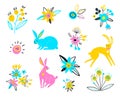 Vector hares on a white background. Multi-colored rabbits for Easter design. Cute ostern rabbit vector illustration. Easter