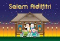 A Muslim family celebrating Raya festival in their traditional Malay style house. With village scene. The words