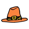 Vector hat, orange color with a yellow buckle. a pilgrim's hat painted in doodle style for the autumn Thanksgiving